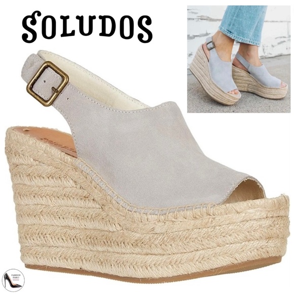 Soludos Sevilla Stone Grey Suede Espadrille Platform Wedge Slingback Sandals 9 - Picture 1 of 13